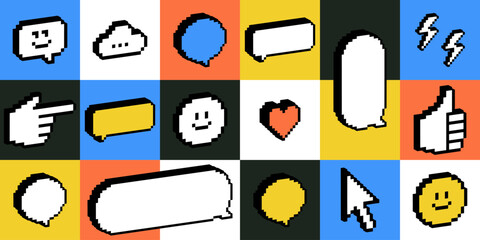 Poster - Y2k retro futuristic pattern with speech bubbles, smile, arrow. Playful 3d pixel art. Bold groovy background. Bright modern shape for poster, header, web. Geometric simple shapes. Cool design element