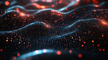 Aufkleber - An abstract wave of glowing blue and red particles against a dark background, creating a mesmerizing digital landscape.