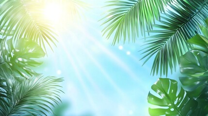 Poster - A tropical scene with palm trees and a bright blue sky