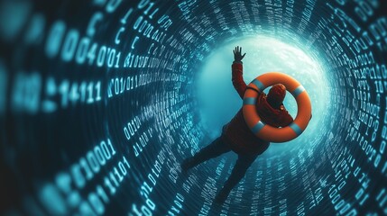 Drowning in Data: A lone figure, clutching a lifeline, struggles to stay afloat in a swirling vortex of binary code, representing the overwhelming nature of digital information. 
