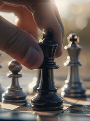 A hand is placing a piece of chess on the board. AI.