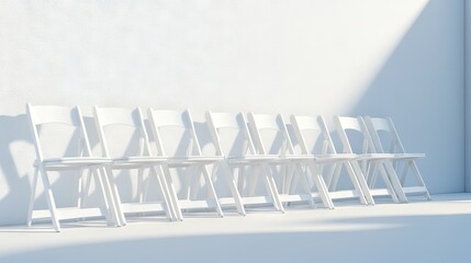 Sticker - Minimalistic Arrangement of White Folding Chairs Against a Softly Lit Wall Ideal for Indoor Events, Gatherings, or Photoshoots Featuring Simple Aesthetics