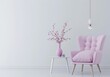 © PERFECTisME - A pink velvet armchair with a matching vase of pink flowers and a white side table in a minimalist white room