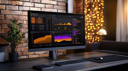 Poster - Colorful Financial Analytics Dashboard on Computer Monitor in Cozy Home Office