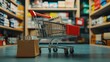© Pannee - Shopping Cart with Brown Paper Bag and Carton Box in Grocery Store Aisle Surrounded by Shelves Full of Products, Perfect for Retail and Consumer Themes