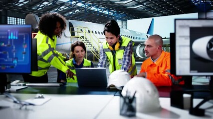 Leinwandbilder - Diverse Workers Using Computers Aircraft Repair And Maintenance