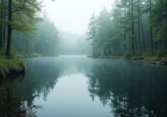 Wall Mural - Tranquil morning at a misty forested lake surrounded by lush trees