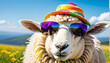 © Ai .stocker - Smiling sheep with sunglasses and hat, enjoying summer fun white background.
