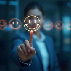 Aufkleber - Customer Service Excellence Represented by Business People Interacting with a Virtual Screen Featuring a Happy Smile Face Icon for Product and Service Rating Satisfaction