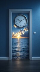 Poster - Split Daytime and Nighttime Seascape with Clock at the Center