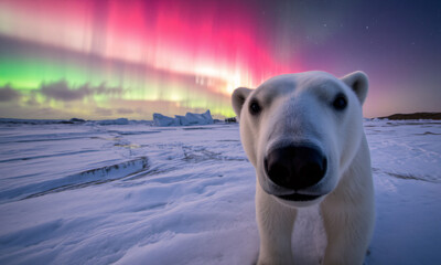 close-up of a polar bear in a frosty arctic landscape vivid auroras dancing across the sky