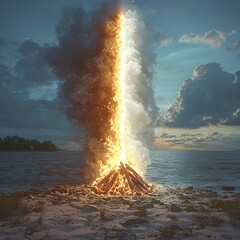 Poster - Dramatic Contrast of Roaring Campfire and Fluorescent Light on Clean White Backdrop