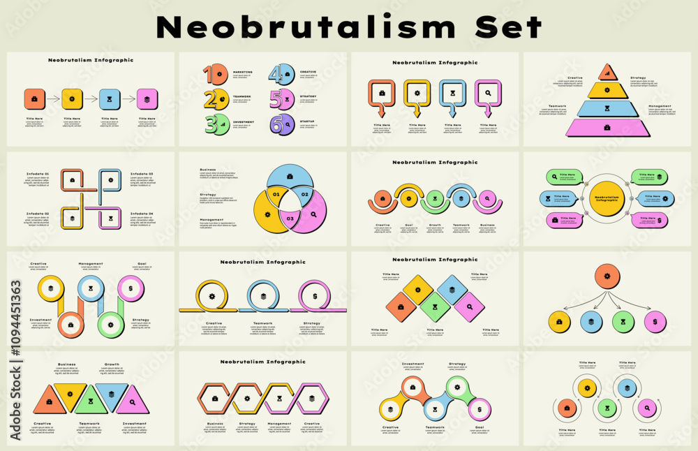 Collection of infographic presentation slides with timelines, pyramid ...