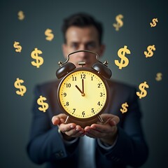Fototapete - Time is Money Concept: Businessman Holding a Glowing Clock Surrounded by Dollar Signs for Time Management and Productivity in Business Project Planning
