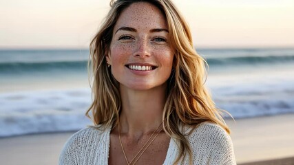 Poster - Portrait of a woman at the beach during golden hour with ocean waves in the background