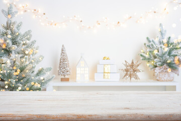 Wall Mural - table space for product presentation with blurred christmas decoration interior background