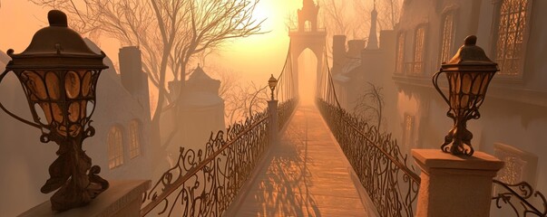 Wall Mural - A mystical pathway at sunset, lined with ornate lanterns and silhouetted trees.