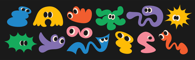 Wall Mural - abstract cool comic funny cute shapes with eyes, character in trendy vintage retro groovy, y2k style