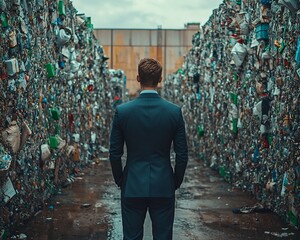 Poster - Businessman in Suit Inspecting Eco Friendly Packaging Solutions at Recycling Plant