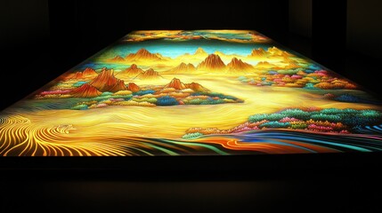 Wall Mural - A vibrant, illuminated landscape artwork showcasing colorful mountains and flowing patterns.