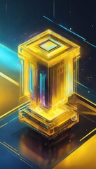 Aufkleber - Futuristic glowing cube with intricate geometric design in blue and gold hues