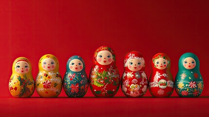 Six Festive Hand-Painted Matryoshka Dolls on Red Background