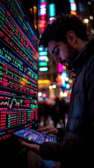 Poster - businessman reviewing digital tablet with market data in the background