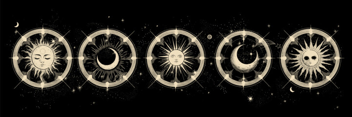 Wall Mural - vector illustration set of moon phases. different stages of moonlight activity in vintage engraving 