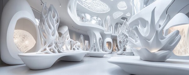 Poster - A futuristic, white interior showcasing organic-shaped sculptures and artistic installations.