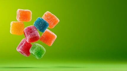Poster - Bunch of colorful gummy bears are scattered on a green background. Concept of fun and playfulness, as the gummy bears are in various shapes and colors, and they seem to be floating in mid-air