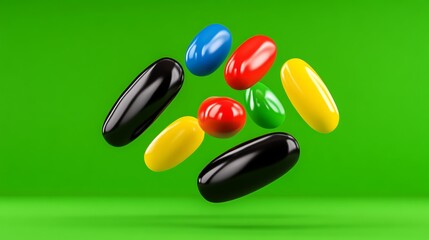 Poster - Bunch of colorful pills are floating in the air. The pills are in various colors, including red, yellow, and green. The scene has a playful and whimsical mood