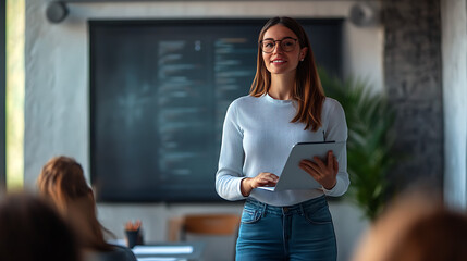 A female developer hosting a workshop on web development in a tech classroom 