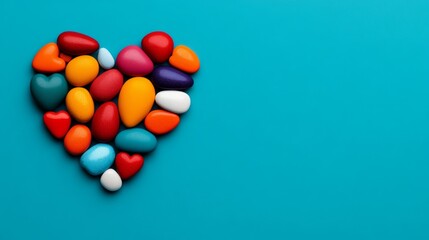 Poster - Heart made of colorful candy is on a blue background. The candy is arranged in a way that it looks like a heart