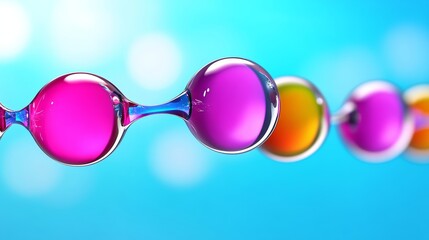 Poster - Line of colorful spheres with a blue background. The spheres are of different colors and sizes, and they are arranged in a way that they appear to be connected. Scene is playful and whimsical