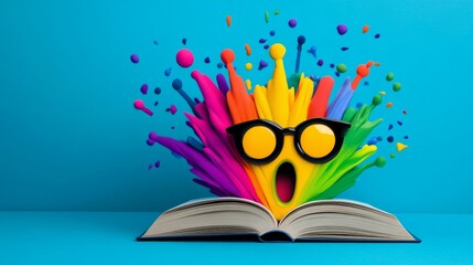 Poster - Colorful explosion of paint is on a blue background. A book is open to a page with a rainbow-colored face with glasses and an open mouth. The book is on a table