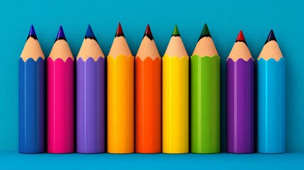 Poster - Row of colorful pencils are lined up on a blue background. The pencils are of different colors and sizes, creating a vibrant and lively scene. Concept of creativity and imagination