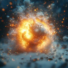 Poster - Futuristic High Tech Bomb Exploding in Slow Motion with Dispersing Shards of Metal and Glowing Energy
