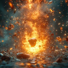 Poster - Futuristic High Tech Bomb Exploding in Slow Motion with Dispersing Shards and Glowing Energy