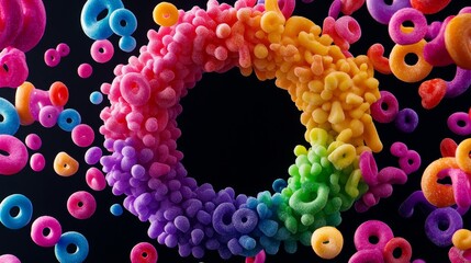 Poster - Colorful, abstract image of a rainbow with a hole in the middle. The image is full of colorful, round shapes that resemble doughnuts. Scene is playful and whimsical, with the bright colors