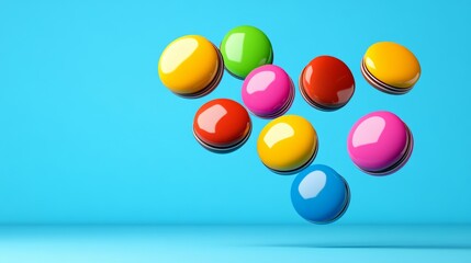 Poster - Colorful assortment of candy balls are floating in the air. The candy balls are of various colors, including red, yellow, green, and blue. Concept of fun and playfulness