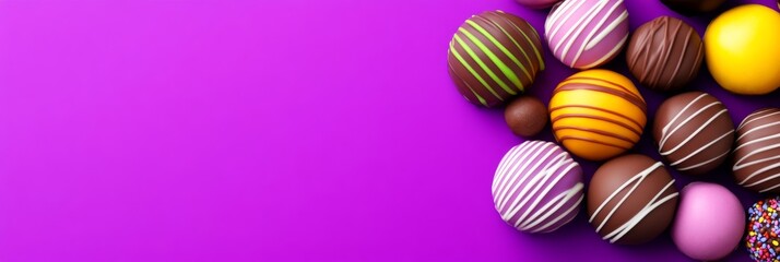 Wall Mural - Purple background with a bunch of chocolate covered balls. The balls are of different colors and sizes