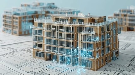 Wall Mural - 3d architectural model over blueprints showcasing modern building information modeling technology