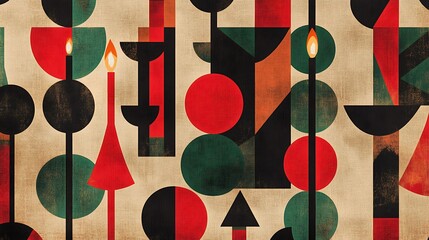 Seamless Kwanzaa pattern with African-inspired geometric shapes, bold contrasting colors of red, green, and black, layered on a subtle beige fabric texture, soft ambient glow enhancing the cultural