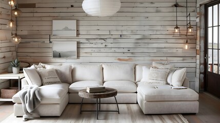 Wall Mural - Modern rustic living room interior design with whitewashed wood walls, a cozy sectional in cream tones, and soft lighting from Edison-style bulbs.