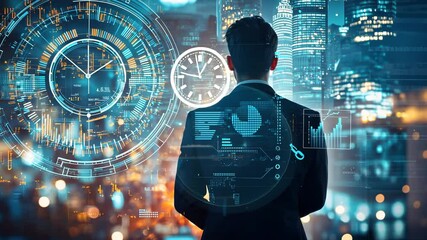 Poster - Innovative business professional analyzing data trends in a futuristic cityscape at night