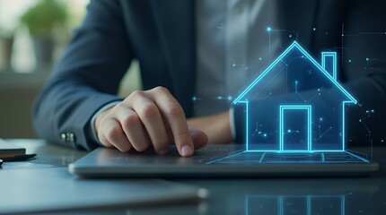 Fototapete - Real Estate Investment Planning: Analyzing Mortgages and Loan Options Using a Laptop Featuring a House Icon for Financial Decision-Making and Strategy