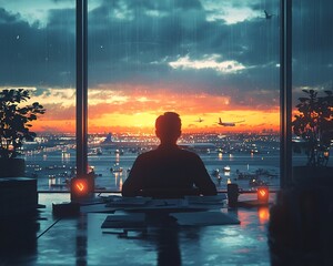Poster - business executive attending virtual meeting in airport lounge with coffee and documents
