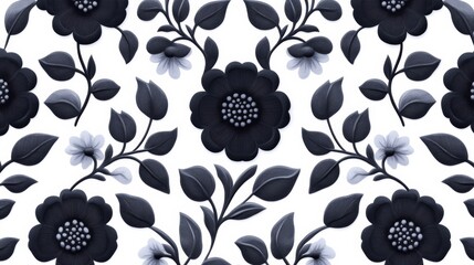 Wall Mural - Gzhel-inspired seamless pattern, black-on-white intricate flowers and leaves flowing in symmetry, traditional Russian folk style perfect for vintage designs 