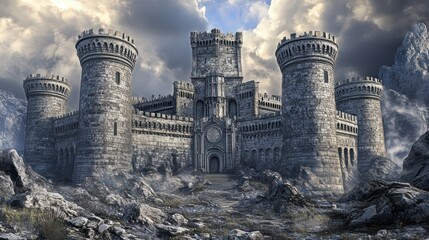 Wall Mural - A majestic stone castle surrounded by rocky terrain and dramatic clouds.