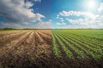 Wall Mural - Contrast of barren soil and thriving crops under a sunny sky
